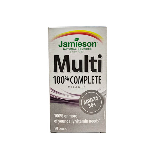 Product label for Jamieson Multi 100% Complete Vitamin for Adults 50+ (90 caplets) in English
