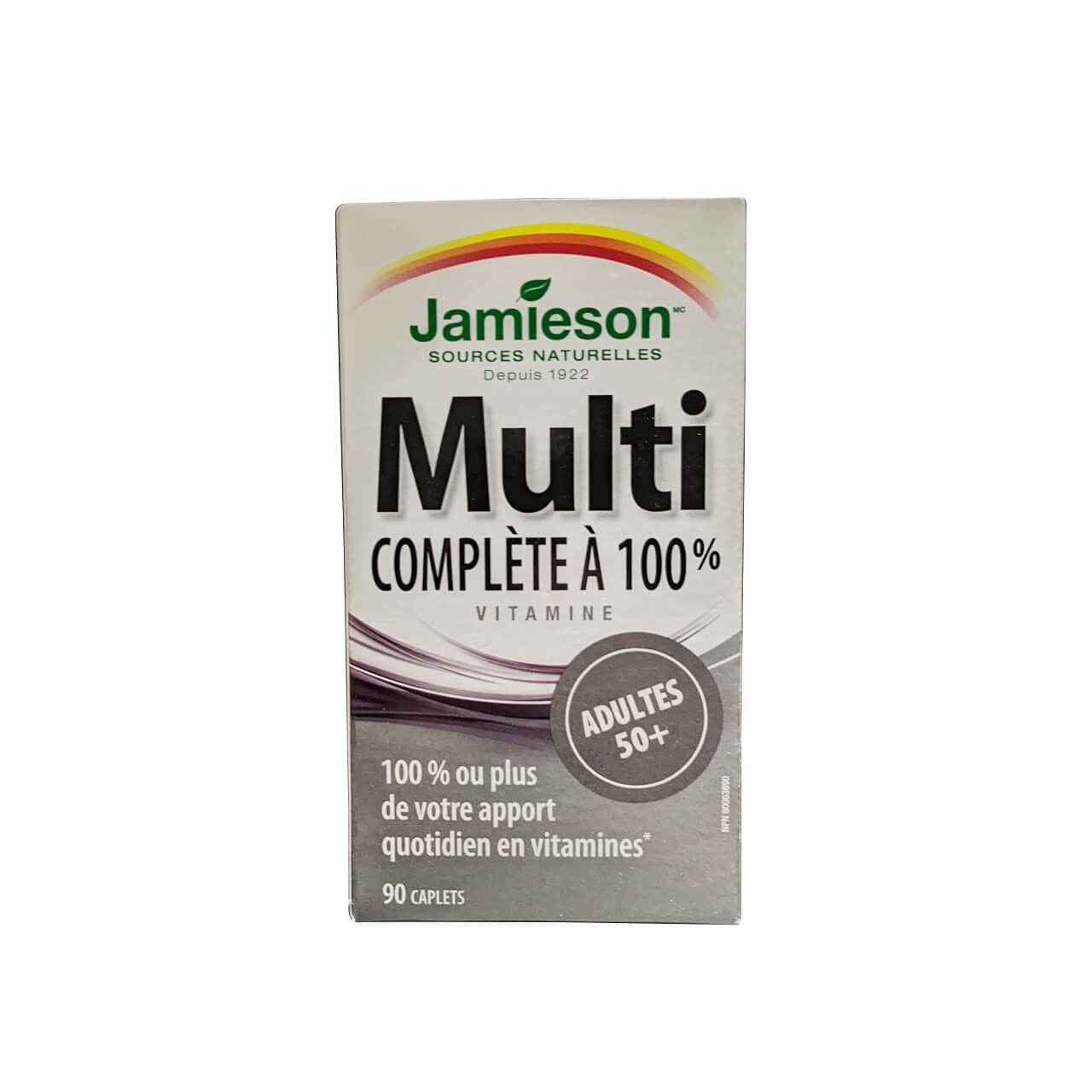 Product label for Jamieson Multi 100% Complete Vitamin for Adults 50+ (90 caplets) in French