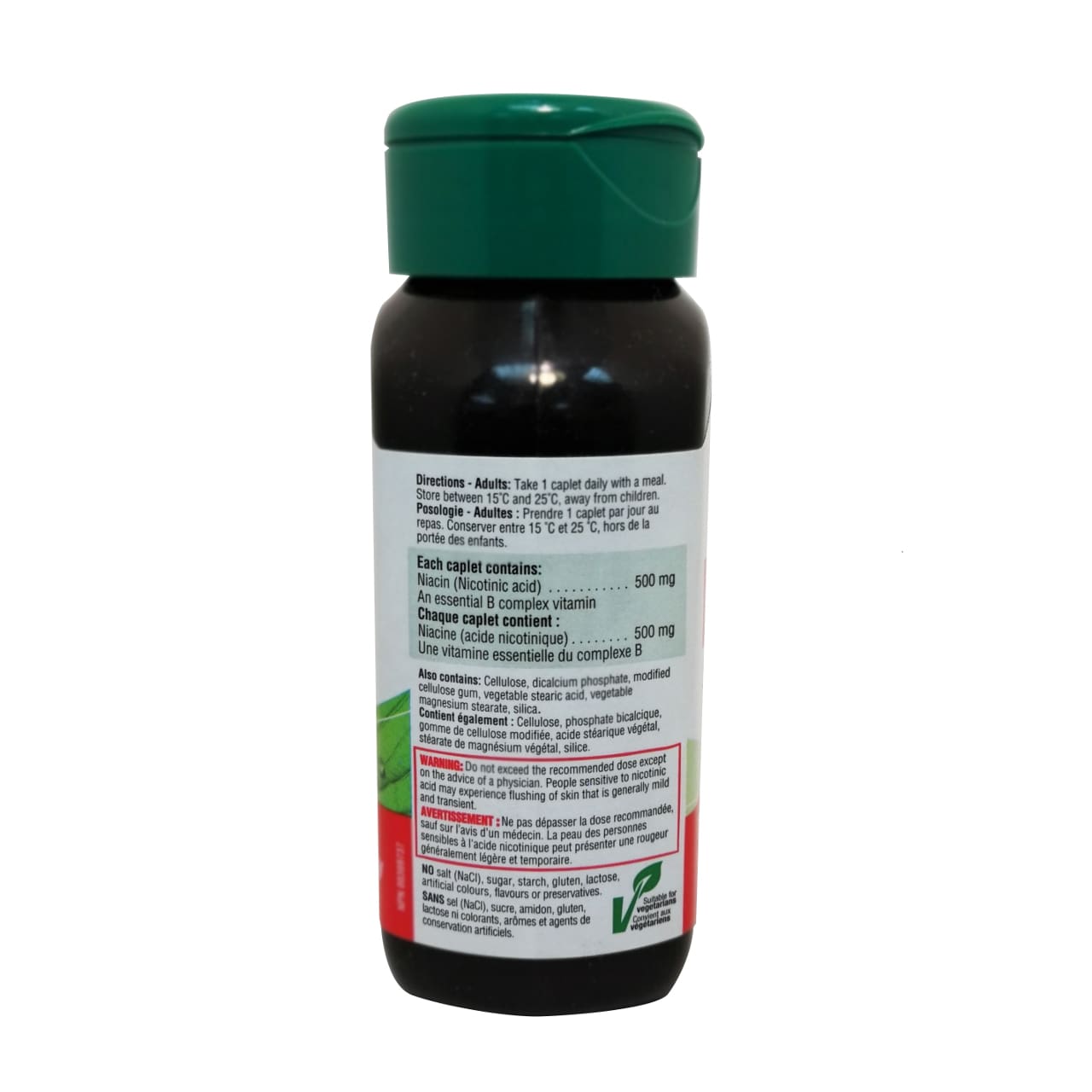 Product details, ingredients, and directions for Jamieson Niacin 500mg in French and English