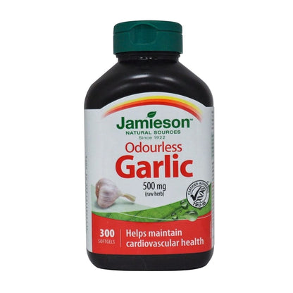 Product label for Jamieson Odourless Garlic 500mg in English