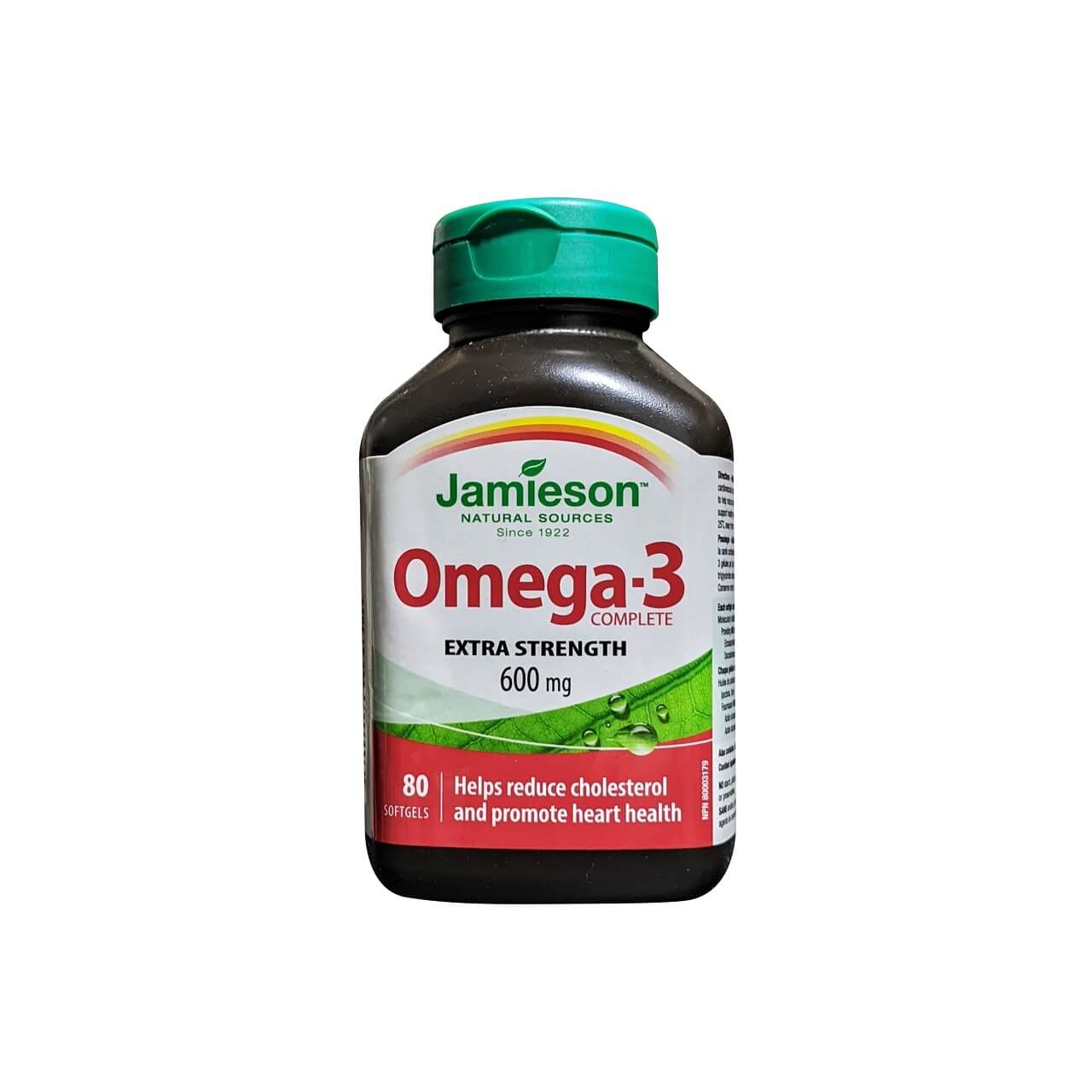 Product label for Jamieson Omega-3 Complete Extra Strength 600 mg (80 softgels) in English