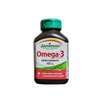 Product label for Jamieson Omega-3 Complete Extra Strength 600 mg (80 softgels) in English