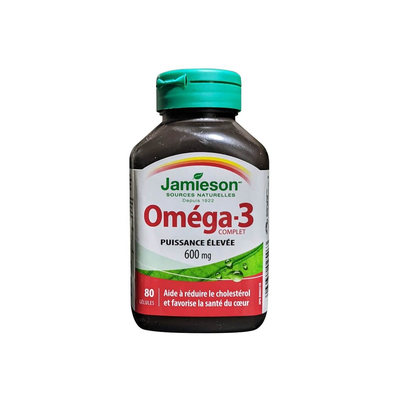 Product label for Jamieson Omega-3 Complete Extra Strength 600 mg (80 softgels) in French