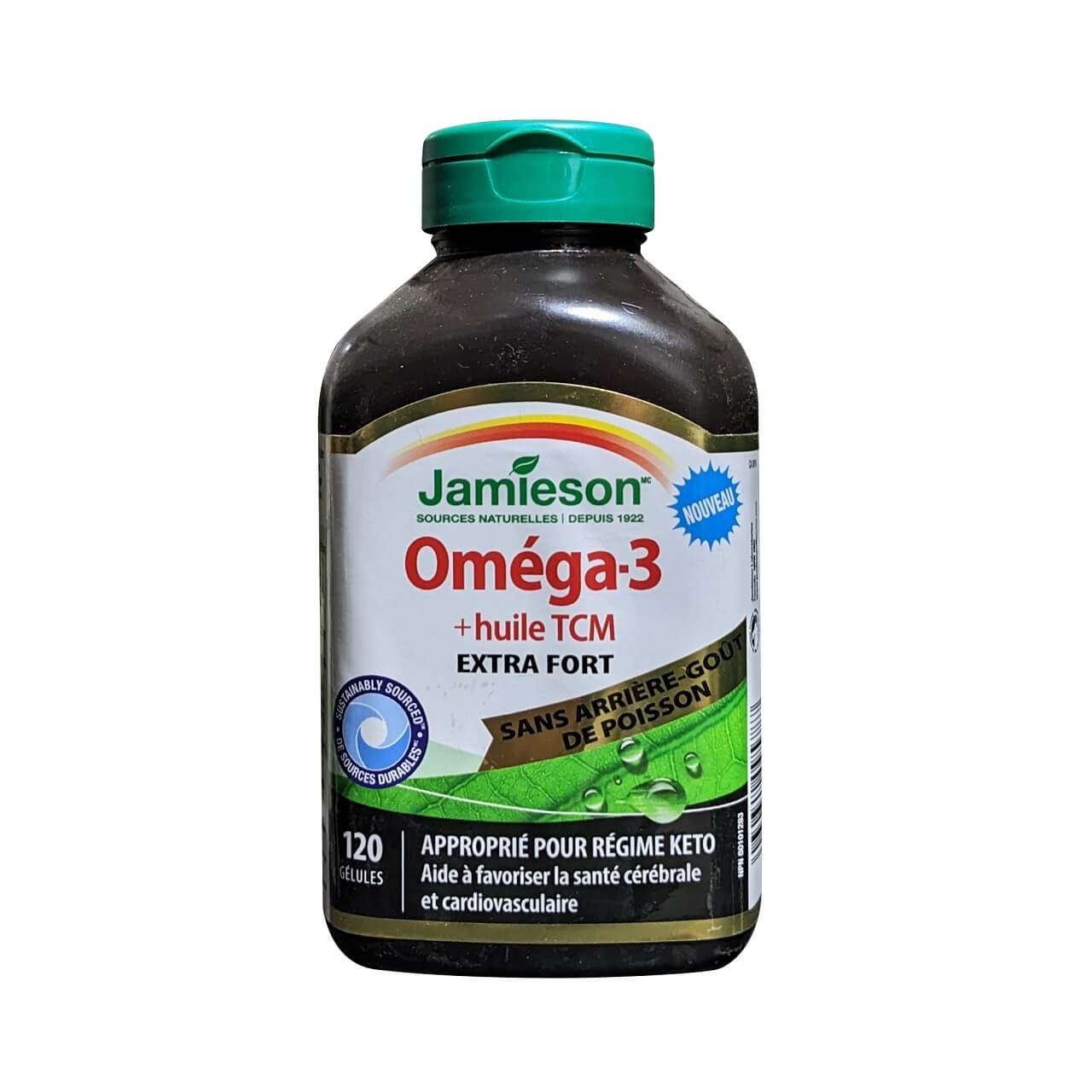 Product label for Jamieson Omega-3 + MCT Oil Extra Strength (120 softgels) in French