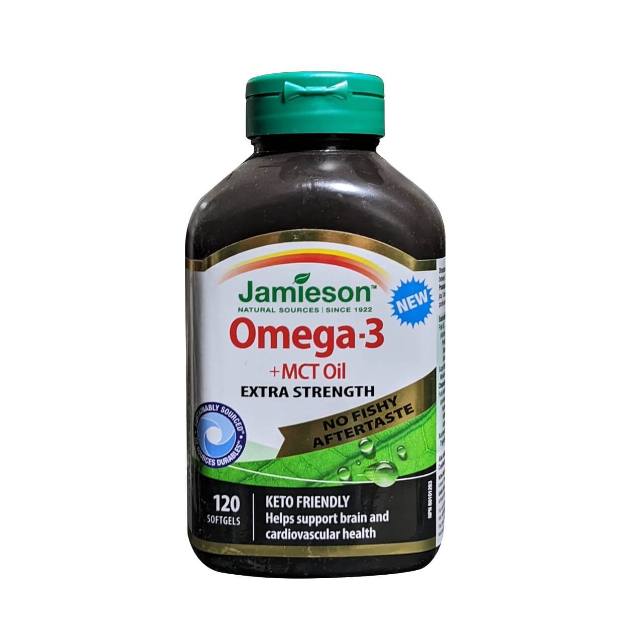 Product label for Jamieson Omega-3 + MCT Oil Extra Strength (120 softgels) in English