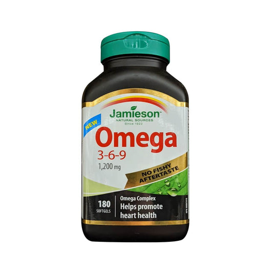 Product label for Jamieson Omega 3-6-9 1200 mg (180 softgels) in English
