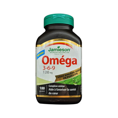 Product label for Jamieson Omega 3-6-9 1200 mg (180 softgels) in French