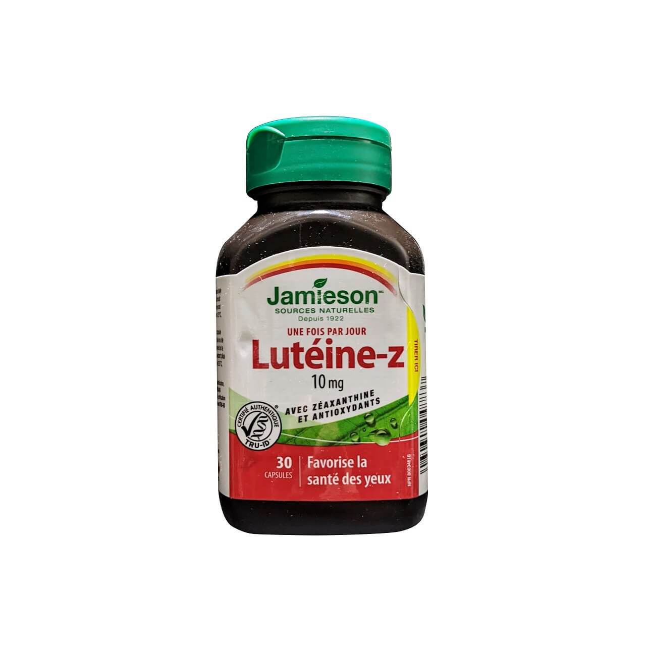 Product label for Jamieson Once Daily Lutein-Z 10 mg with Zeaxanthin and Antioxidants (30 capsules) in French