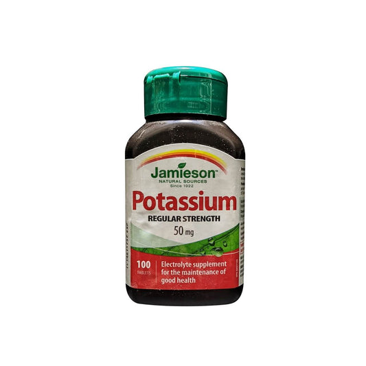 Product label for Jamieson Potassium Regular Strength 50 mg (100 tablets) in English