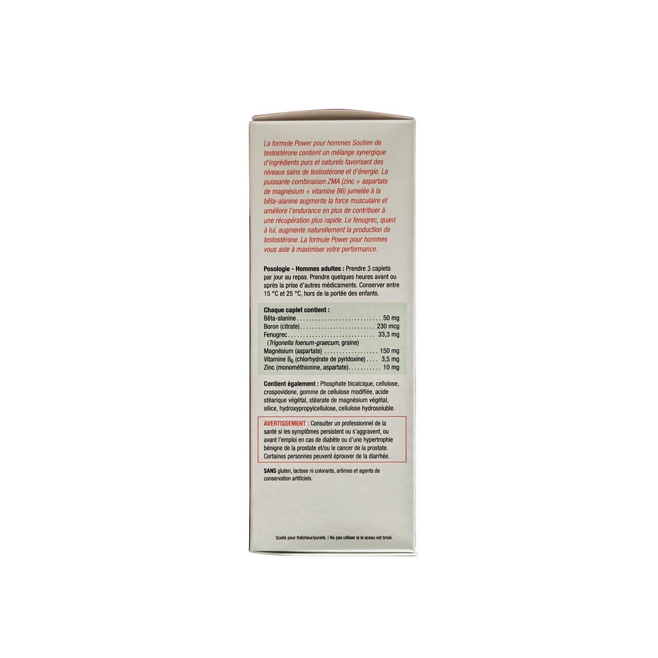Description, Directions, Ingredients, Warnings for Jamieson Power for Men Testorone (60 caplets) in French