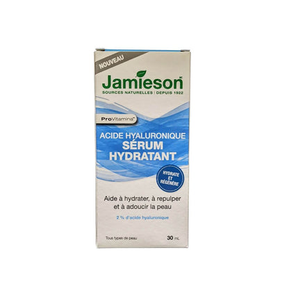 Product label for Jamieson ProVitamina Hyaluronic Acid Hydrating Serum (30 mL) in French