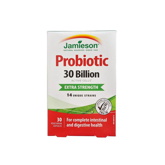 Product label for Jamieson Probiotic 30 Billion Extra Strength (30 capsules) in English
