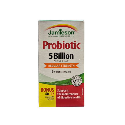 Product label for Jamieson Probiotic 5 Billion Active Cells Regular Strength (72 capsules) in English