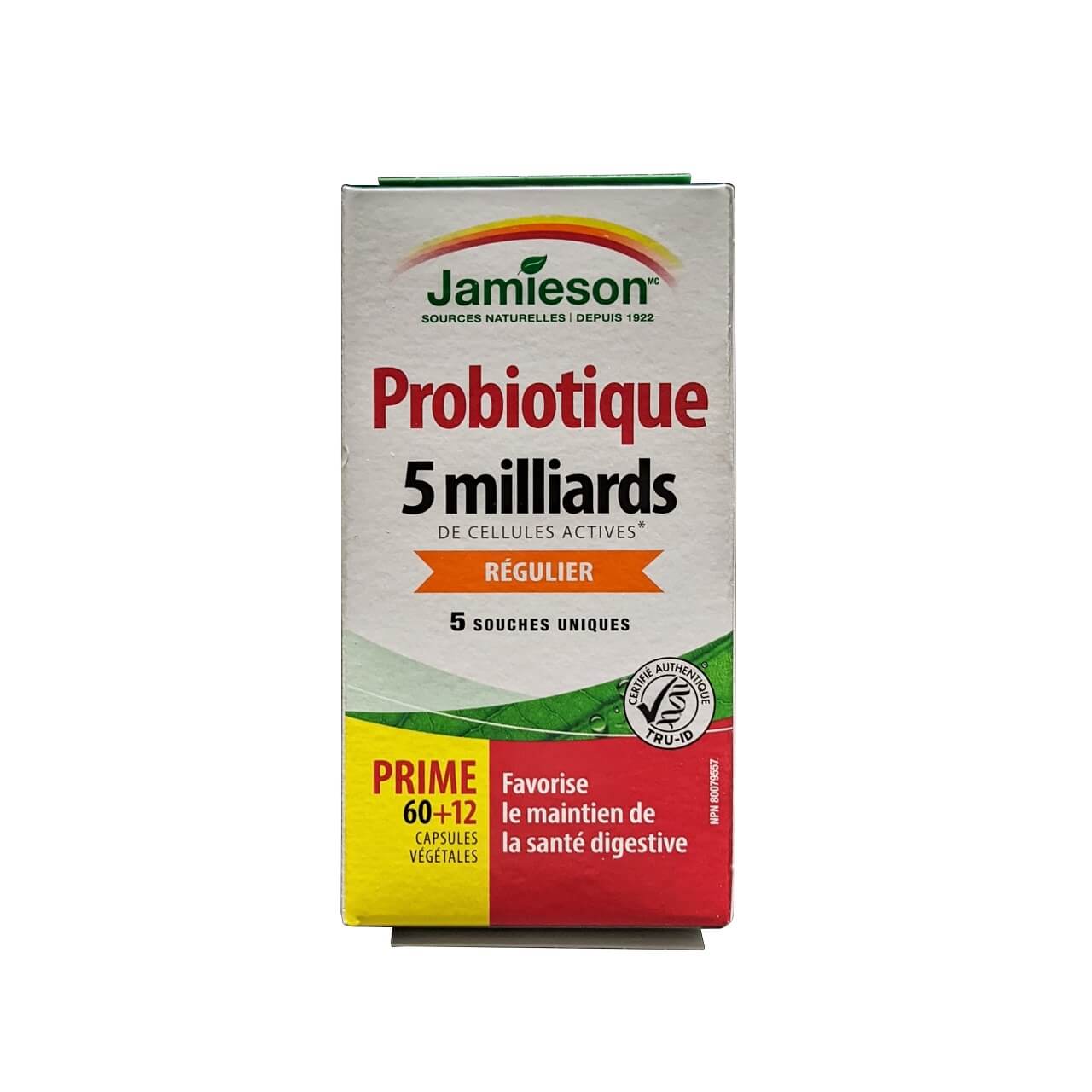 Product label for Jamieson Probiotic 5 Billion Active Cells Regular Strength (72 capsules) in French