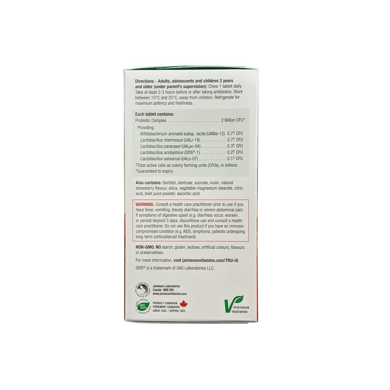 Directions, ingredients, and warnings for Jamieson Probiotic Chewables Natural Strawberry Flavour (60 chewable tablets) in English