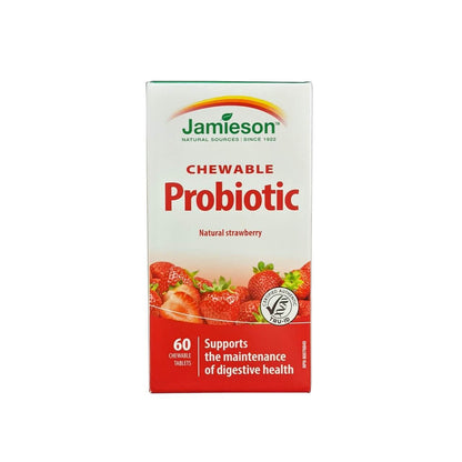Product label for Jamieson Probiotic Chewables Natural Strawberry Flavour (60 chewable tablets) in English