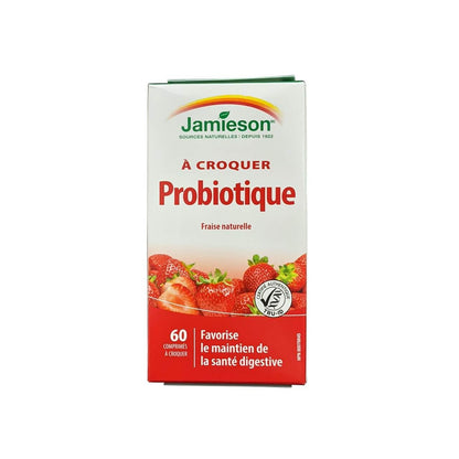 Product label for Jamieson Probiotic Chewables Natural Strawberry Flavour (60 chewable tablets) in French