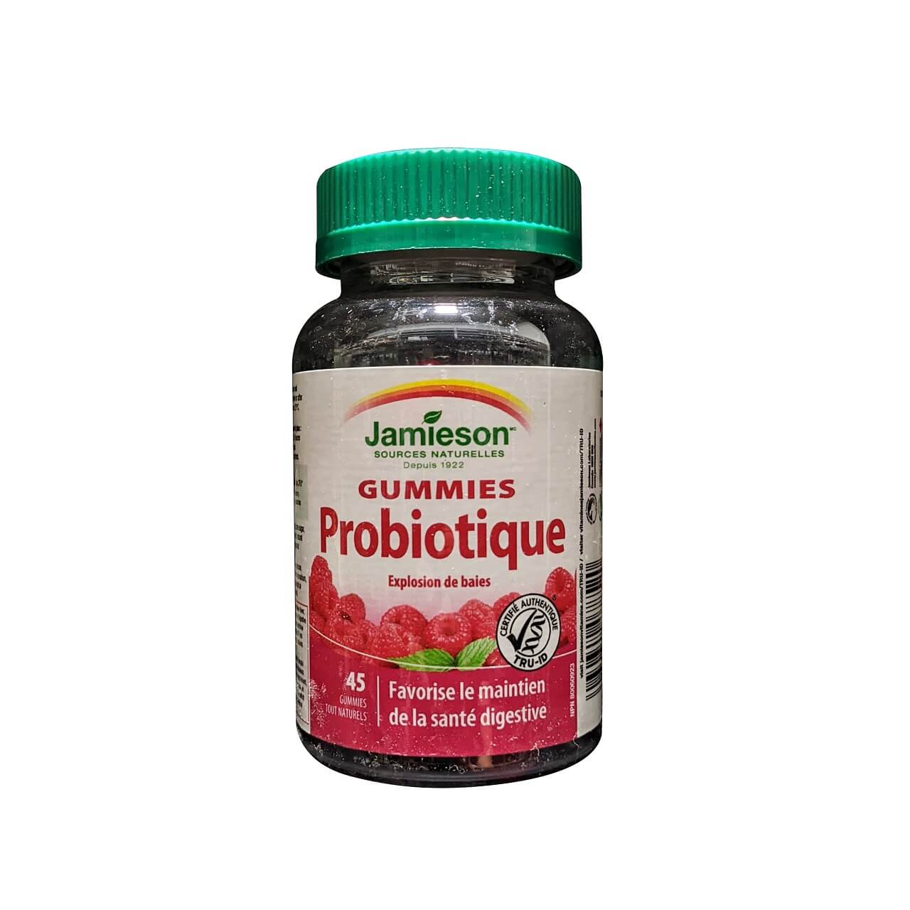 Product label for Jamieson Probiotic Gummies Berry Blast (45 gummies) in French