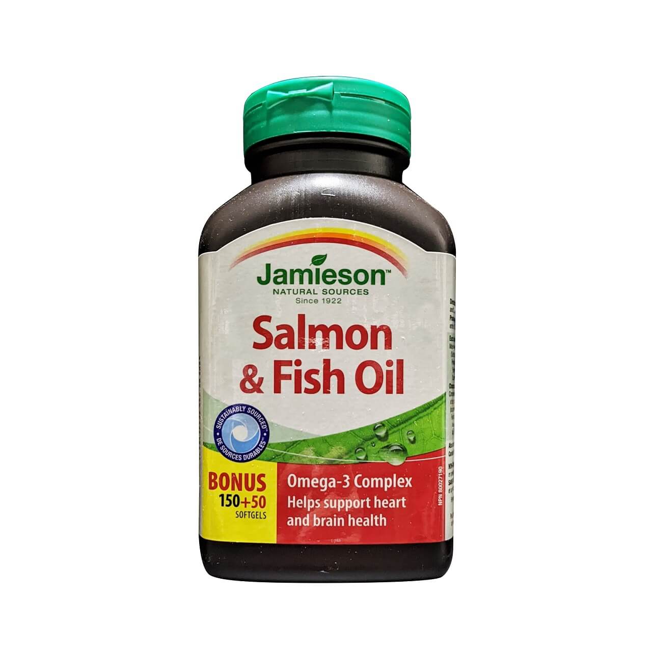 Product label for Jamieson Salmon and Fish Oil Omega-3 Complex (50 softgel bonus) (200 softgels) in English