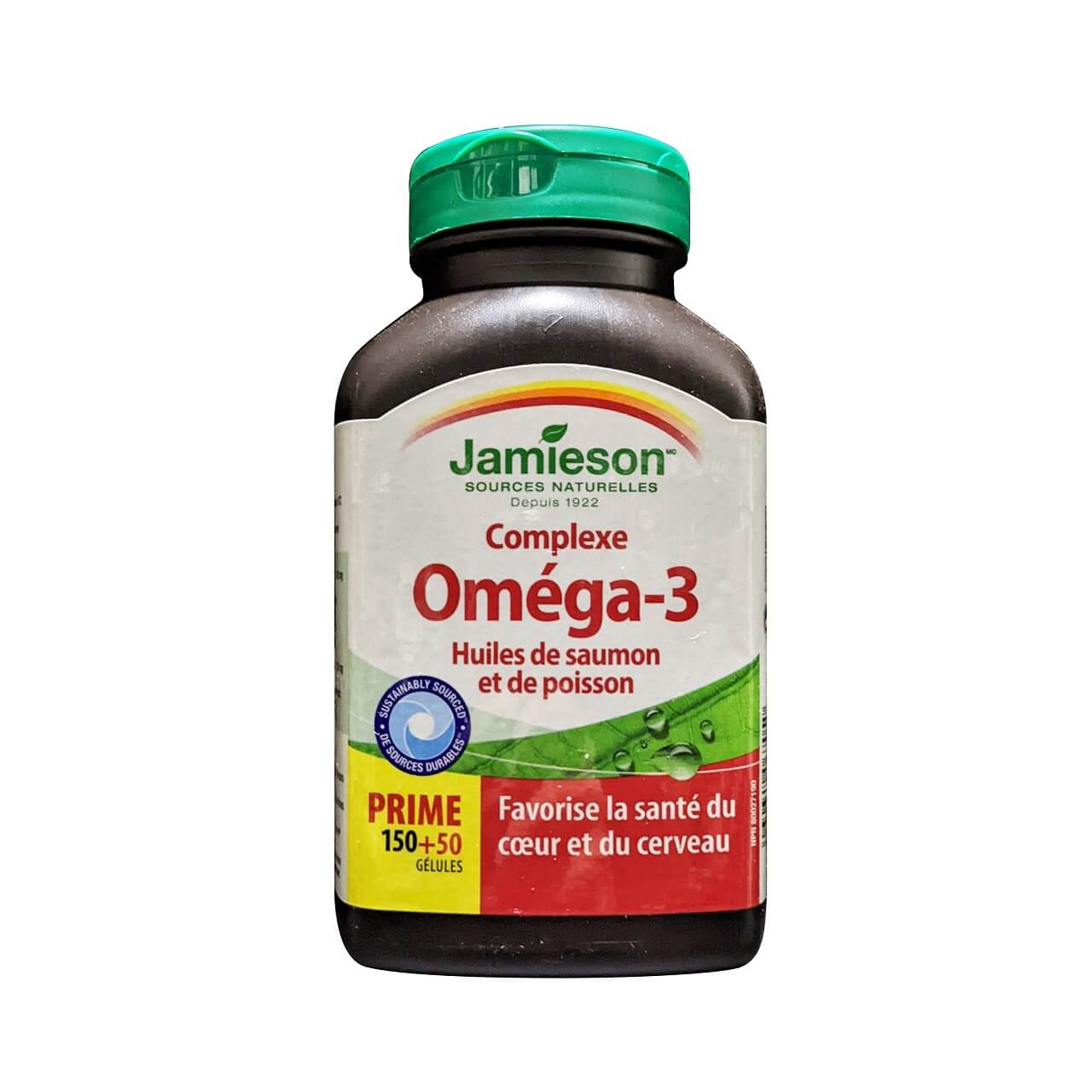 Product label for Jamieson Salmon and Fish Oil Omega-3 Complex (50 softgel bonus) (200 softgels) in French