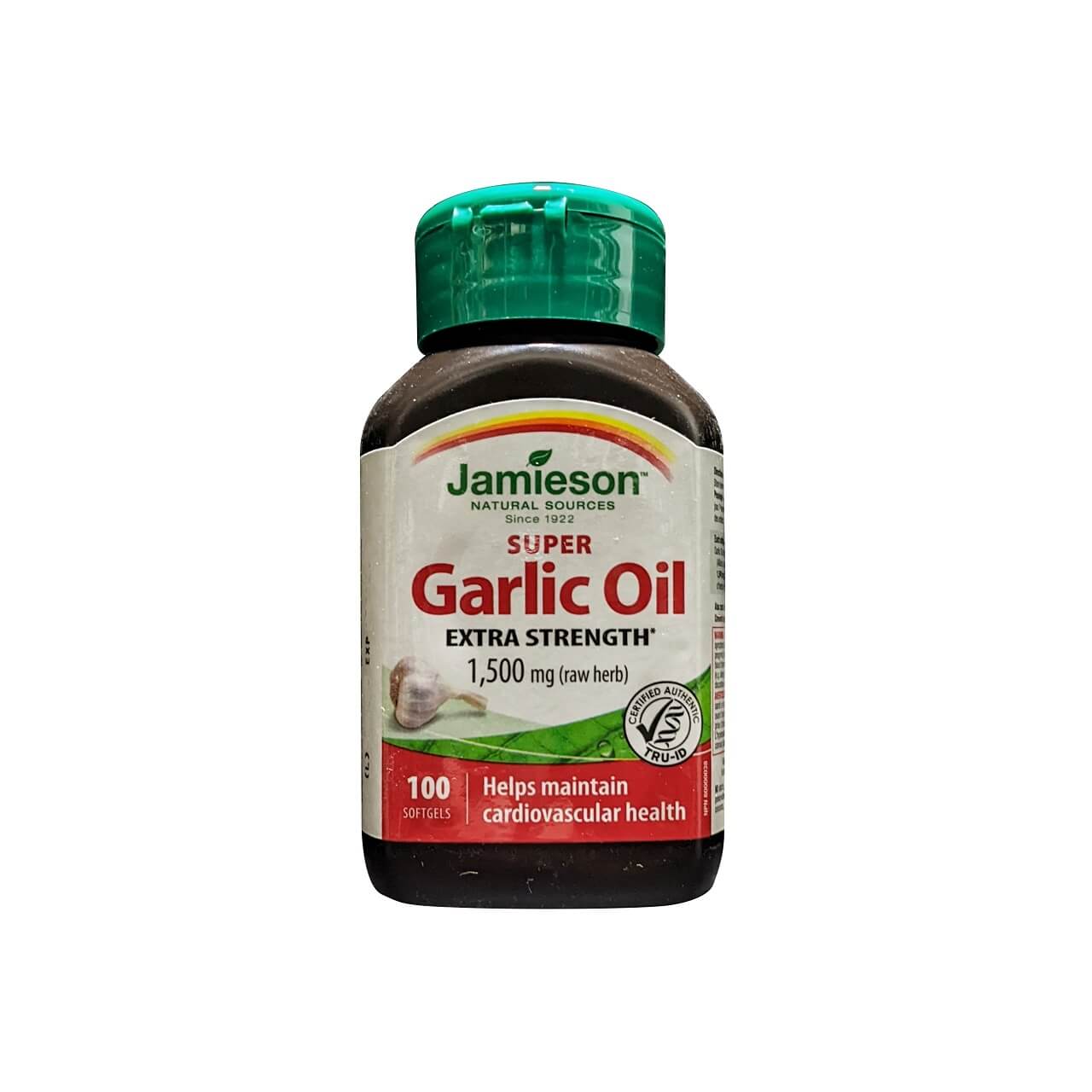 Product label for Jamieson Super Garlic Oil 1500 mg Extra Strength (100 softgels) in English