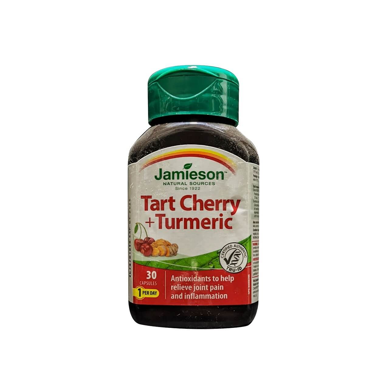 Product label for Jamieson Tart Cherry and Turmeric (30 capsules) in English