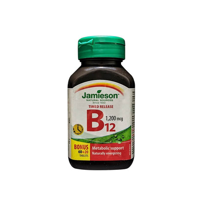 Product label for Jamieson B12 1200 mcg Timed Release (80 tablets) in English