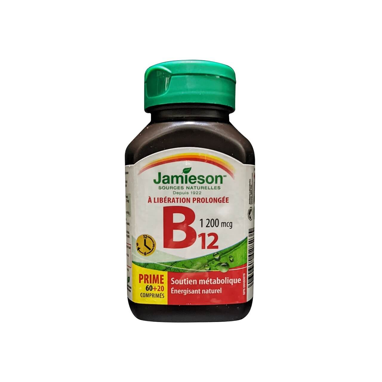Product label for Jamieson B12 1200 mcg Timed Release (80 tablets) in French