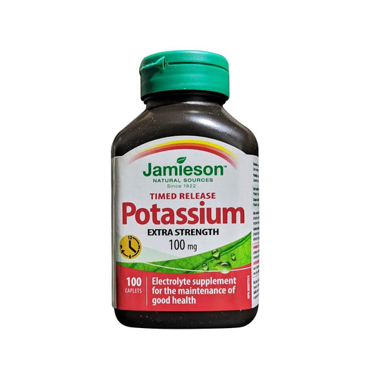 Product label for Jamieson Potassium 100 mg Extra Strength Timed Release (100 caplets) in English
