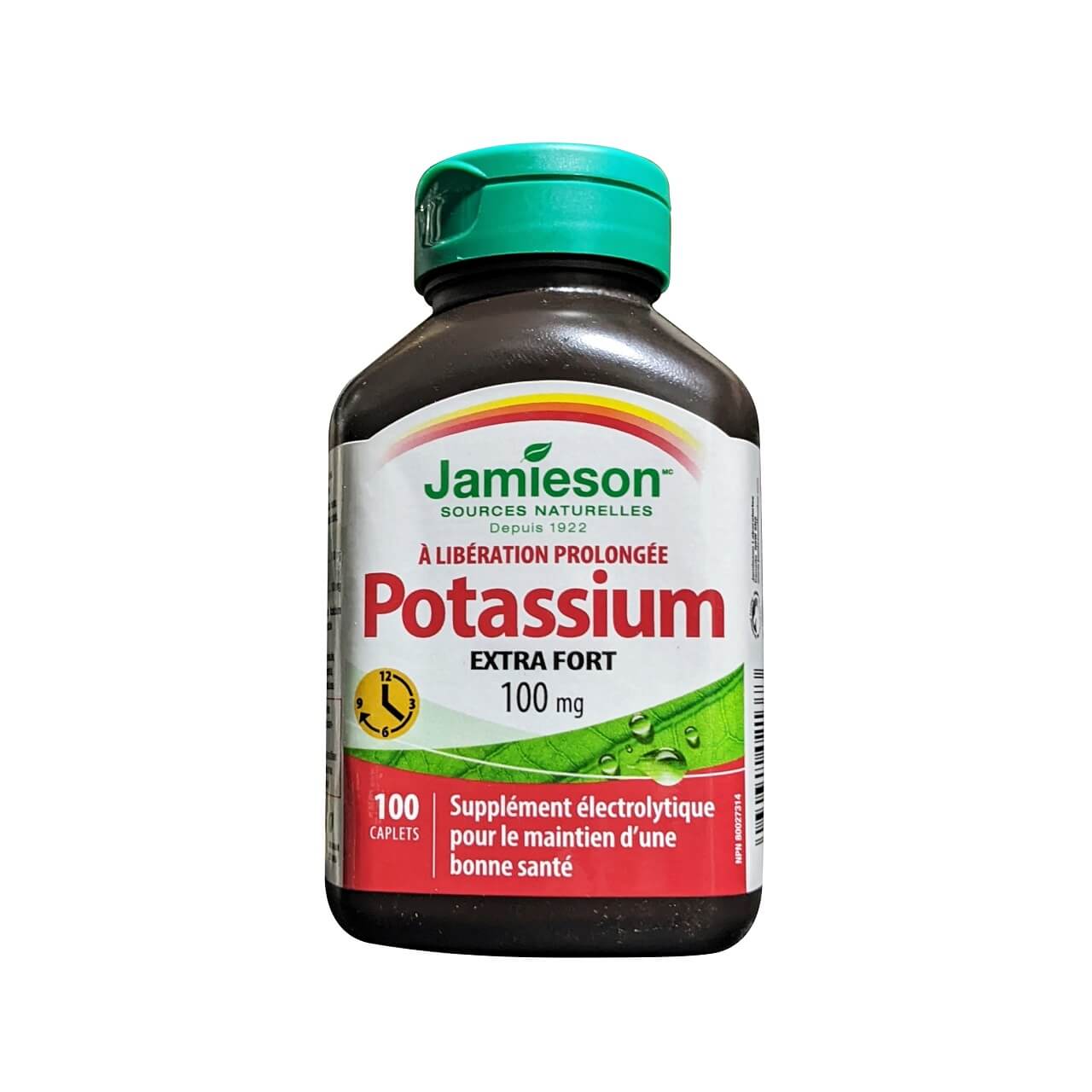 Product label for Jamieson Potassium 100 mg Extra Strength Timed Release (100 caplets) in French