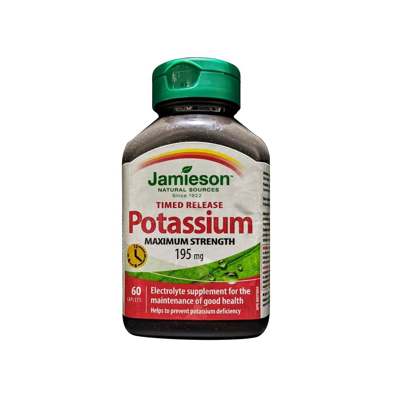 Product label for Jamieson Potassium 195 mg Maximum Strength Timed Release (60 caplets) in English