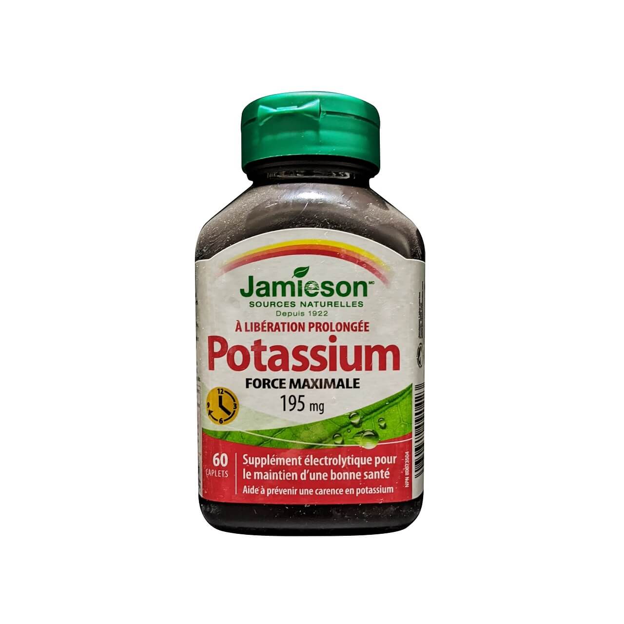 Product label for Jamieson Potassium 195 mg Maximum Strength Timed Release (60 caplets) in French