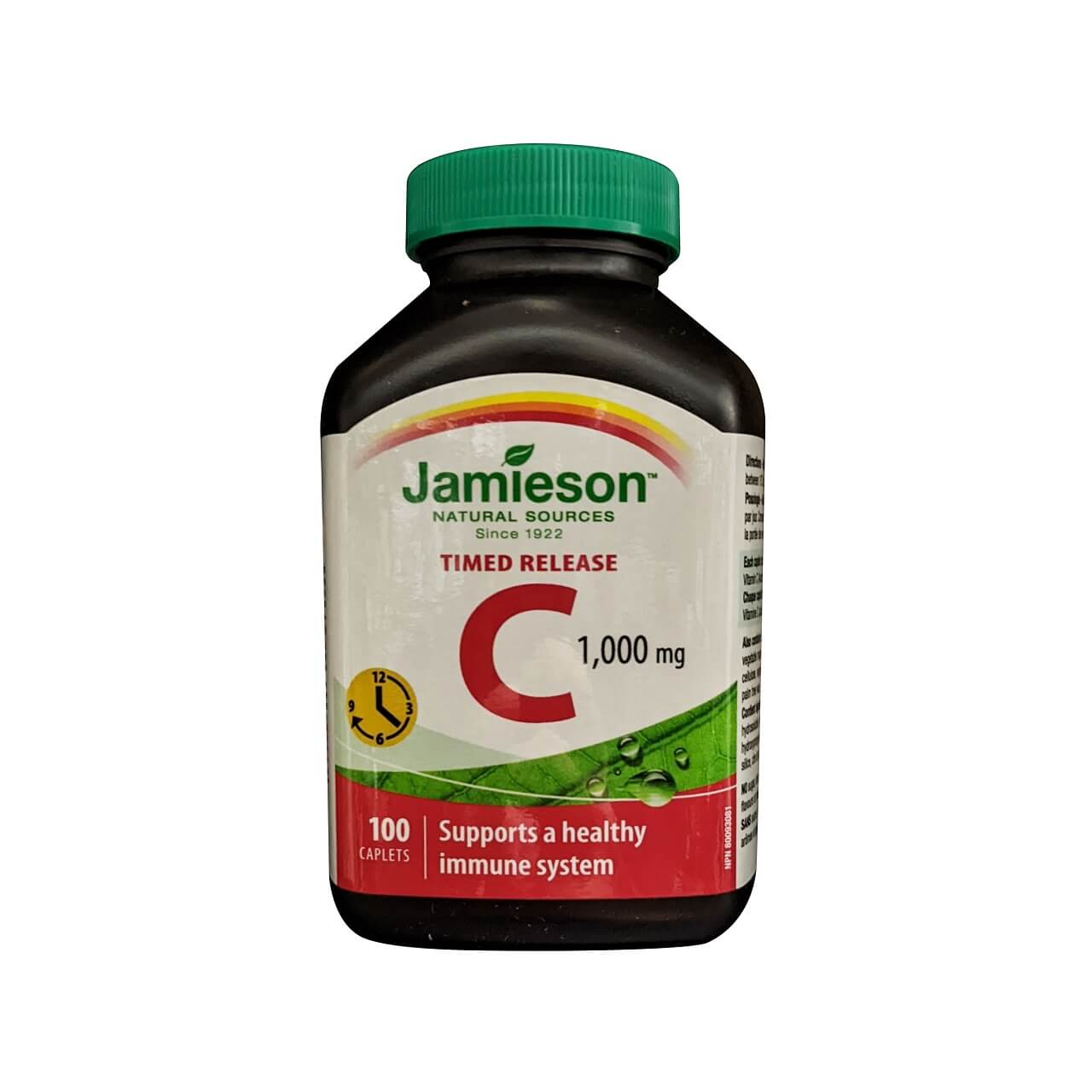 Product label for Jamieson Vitamin C 1000 mg Timed Release (100 caplets) in English