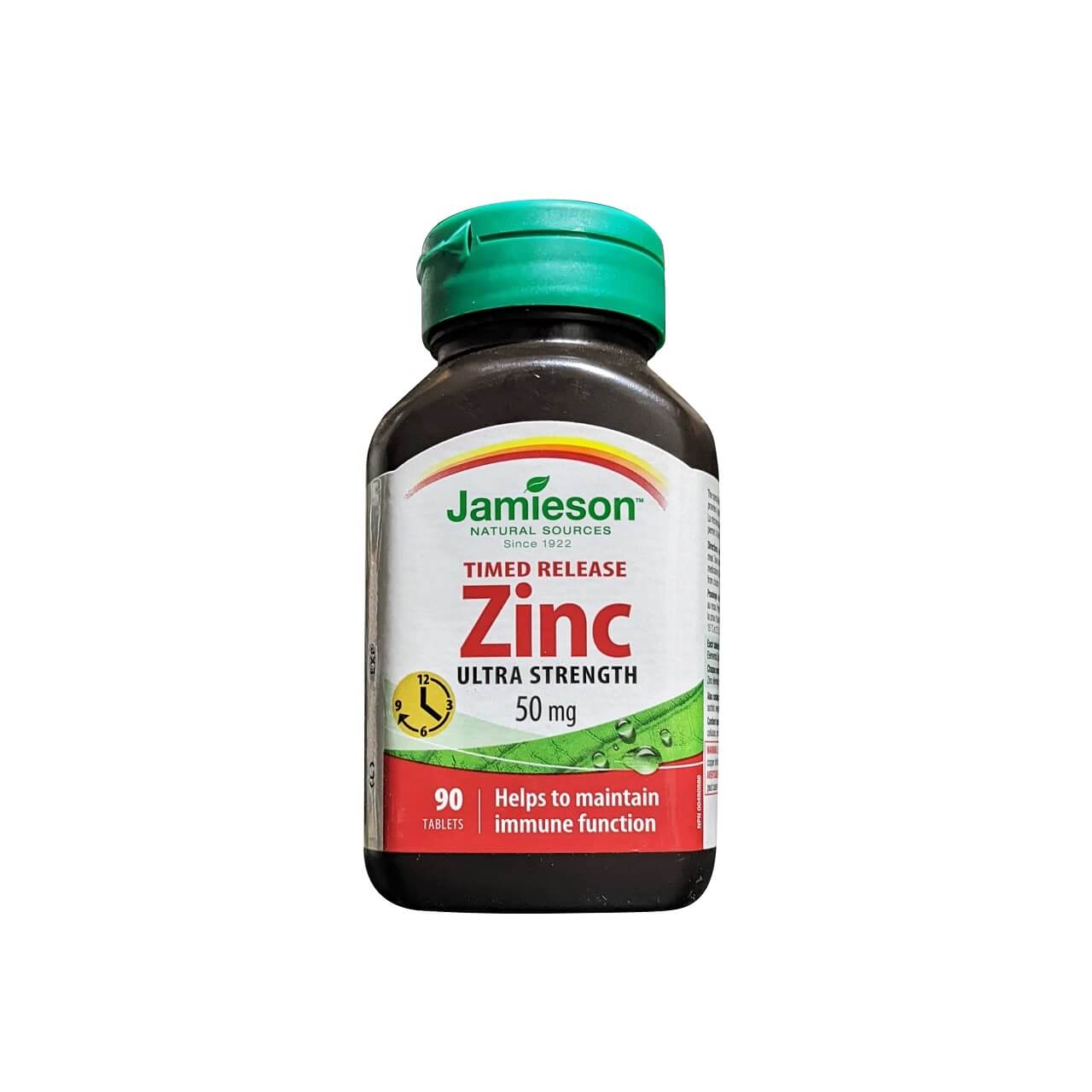 Product label for Jamieson Zinc 50 mg Ultra Strength Timed Release (90 tablets) in English