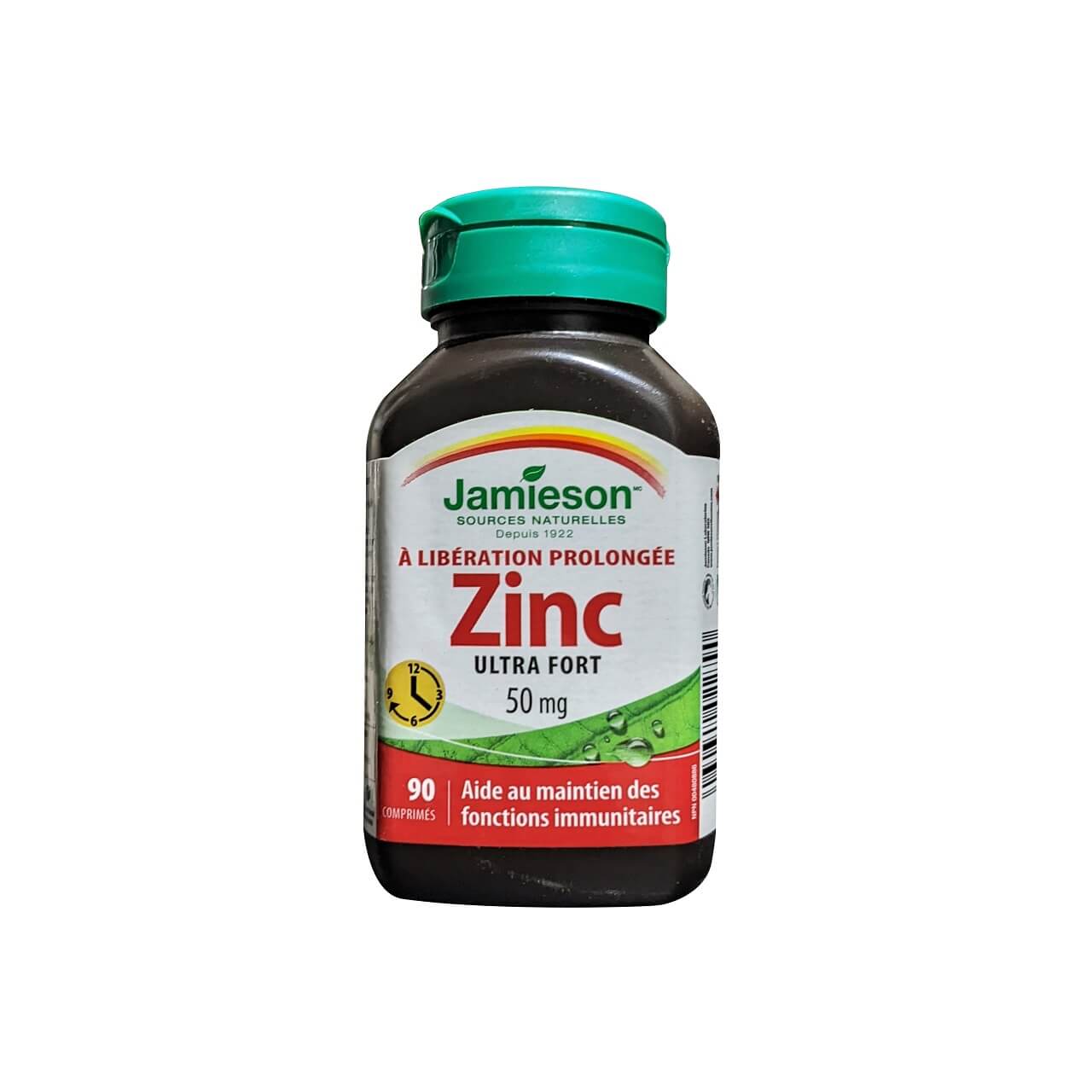 Product label for Jamieson Zinc 50 mg Ultra Strength Timed Release (90 tablets) in French
