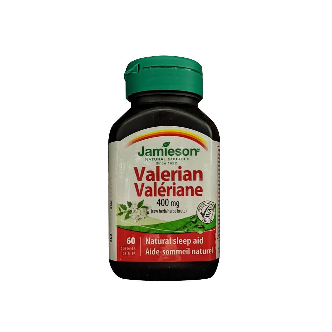 Product label for Jamieson Valerian 400 mg (60 softgels)