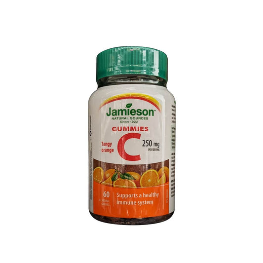 Product label for Jamieson Vitamin C 250 mg Gummies Tangy Orange (60 gummies) in English