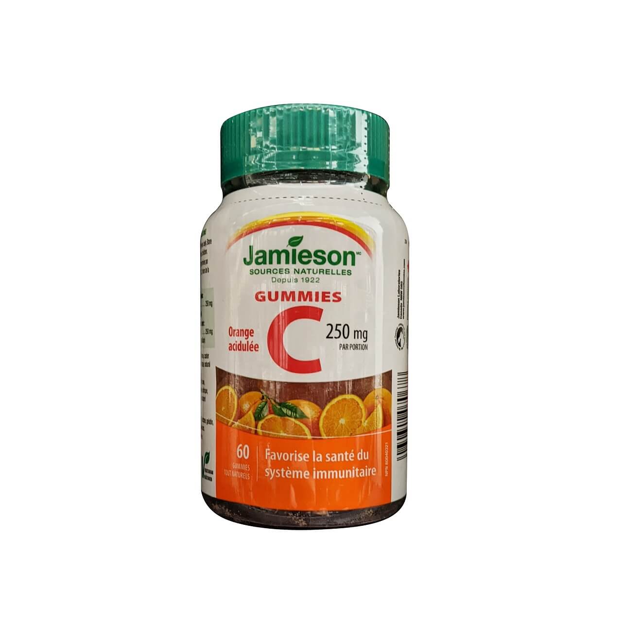 Product label for Jamieson Vitamin C 250 mg Gummies Tangy Orange (60 gummies) in French