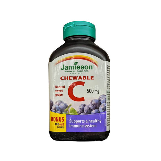 Product label for Jamieson Vitamin C 500mg Chewables Grape Flavour (120 tablets) in English