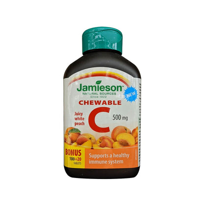 Product label for Jamieson Vitamin C 500mg Chewables Peach Flavour (120 tablets) in English