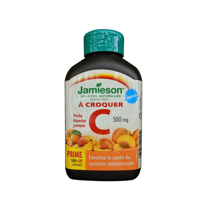 Product label for Jamieson Vitamin C 500mg Chewables Peach Flavour (120 tablets) in French