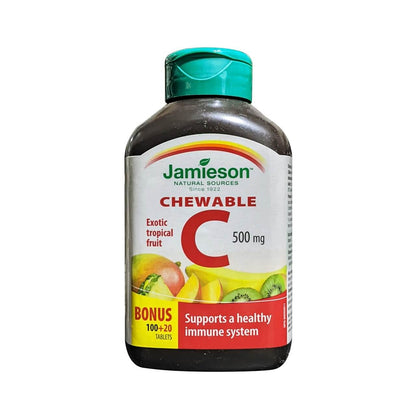 Product label for Jamieson Vitamin C 500mg Chewables Exotic Tropical Fruit (120 tablets) in English