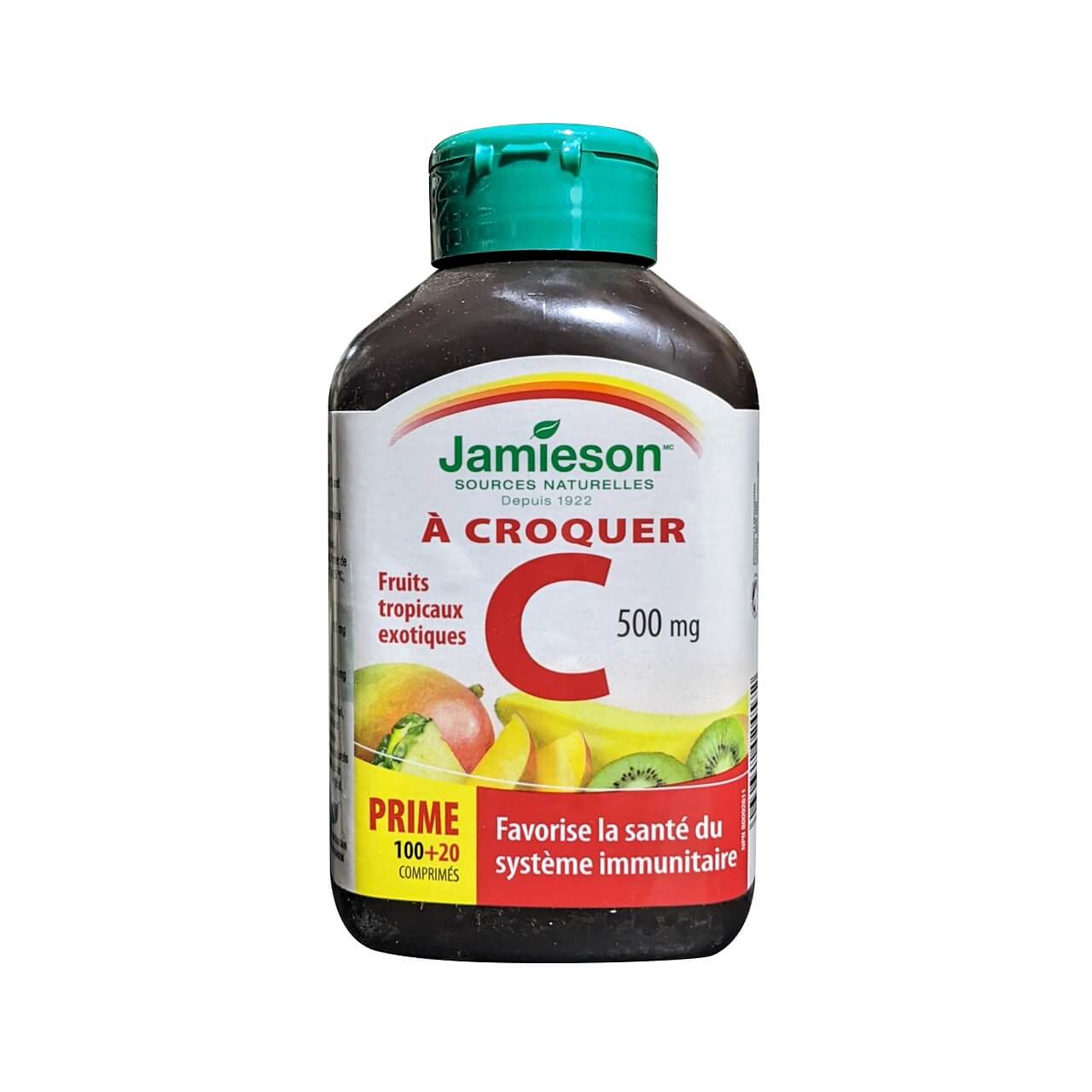Product label for Jamieson Vitamin C 500mg Chewables Exotic Tropical Fruit (120 tablets) in French