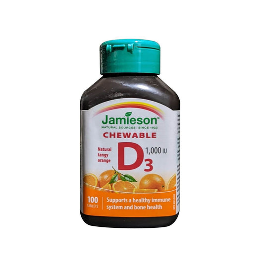 Product label for Jamieson Vitamin D3 1000 IU Chewables Orange Flavour (100 tablets) in English