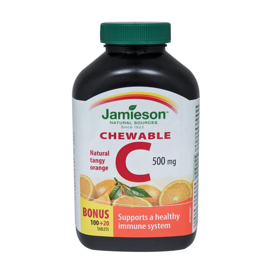 Product label for Jamieson Vitamin C 500mg Orange Flavour Chewables  in English