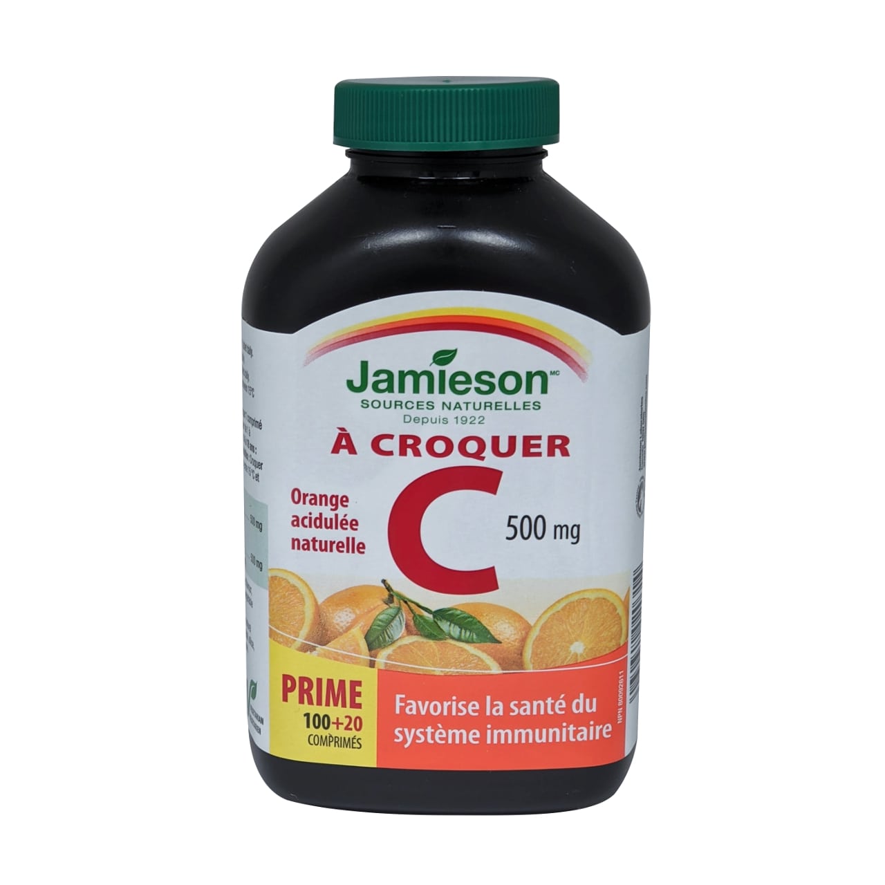 Product label for Jamieson Vitamin C 500mg Orange Flavour Chewables in French