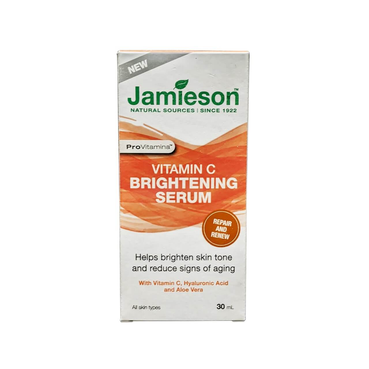 Product label for Jamieson ProVitamina Vitamin C Brightening Serum (30 mL) in English