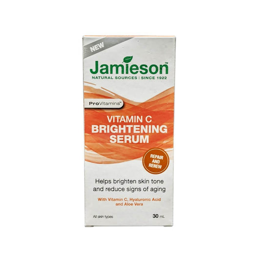 Product label for Jamieson ProVitamina Vitamin C Brightening Serum (30 mL) in English
