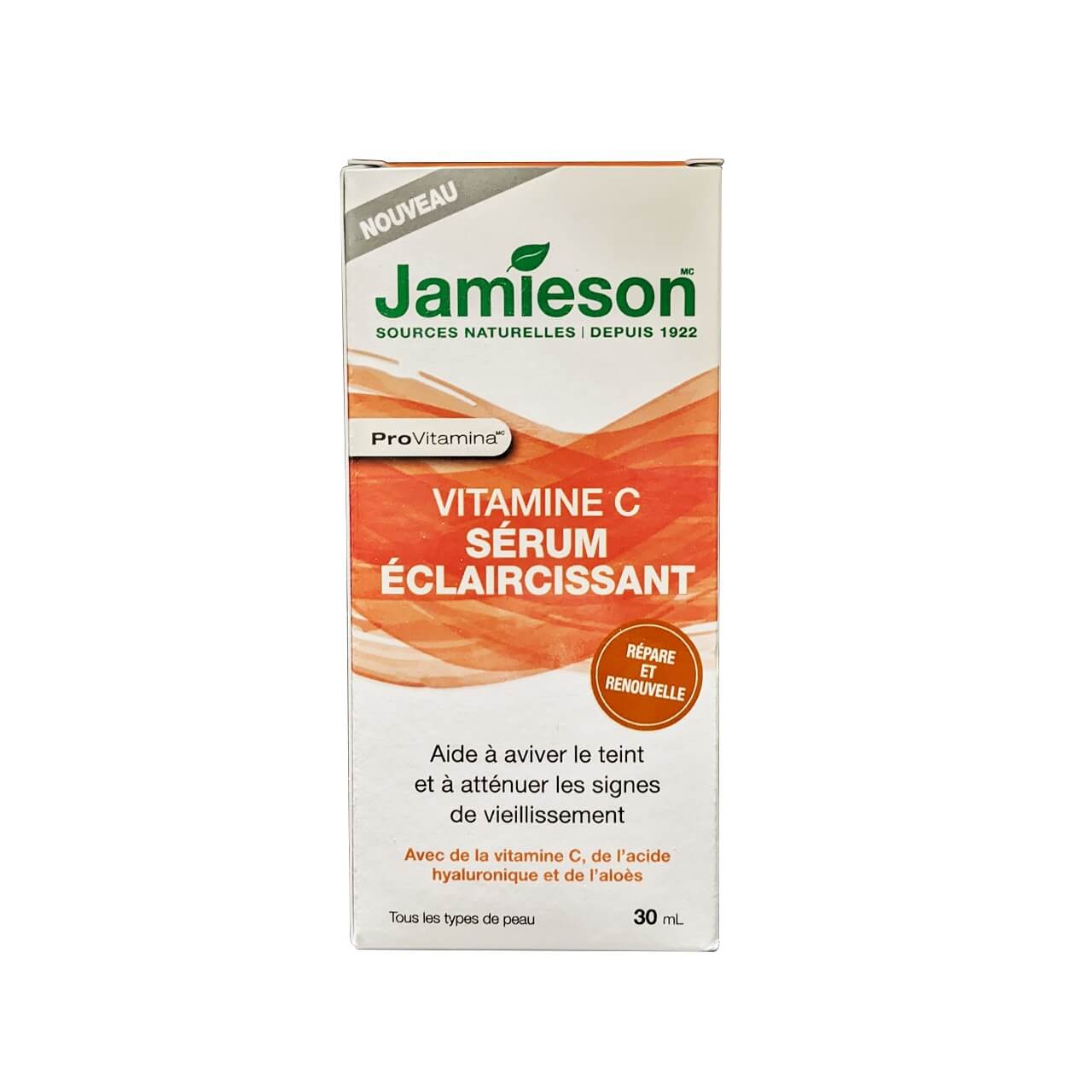 Product label for Jamieson ProVitamina Vitamin C Brightening Serum (30 mL) in French
