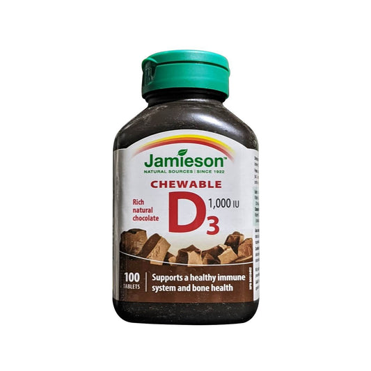 Product label for Jamieson Vitamin D3 1000 IU Chewables Chocolate (100 tablets) in English